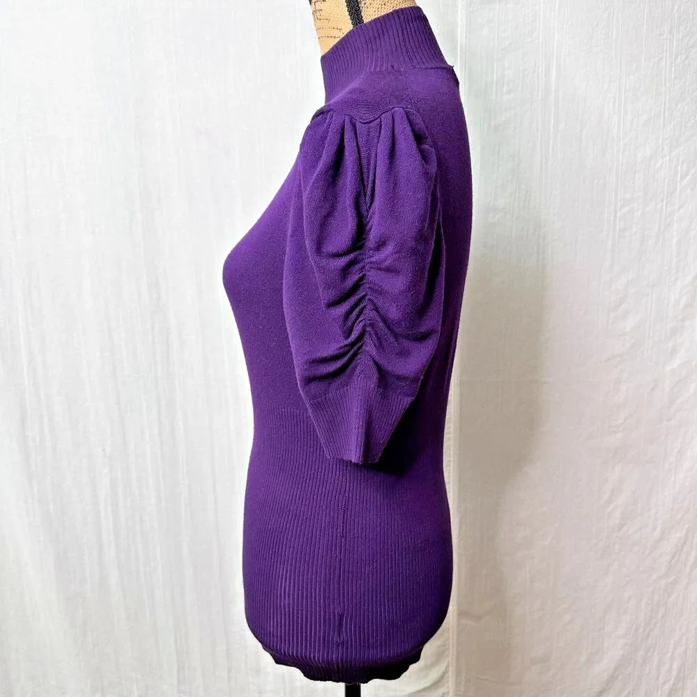 Bebe Women Purple Ribbed Mock Neck Puff Sleeve Sweater Knit Top Sweater Sz Large